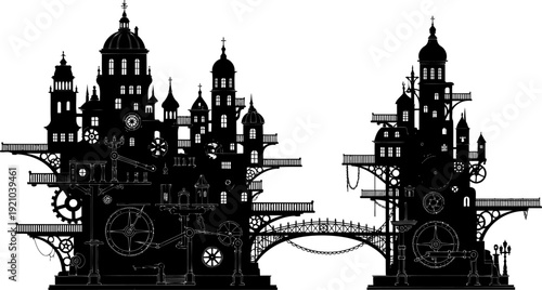 Intricate mechanical fantasy castle silhouette with gears and bridges