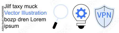 Data privacy, technology innovation, cybersecurity, online protection, research tools, VPN security. Magnifying glass, light bulb with gear shield labeled VPN. Cybersecurity and data privacy concept