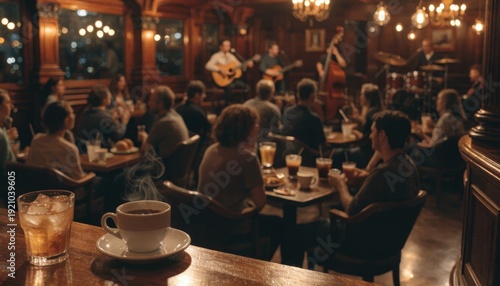 Cozy dimly lit bar with live jazz band and patrons