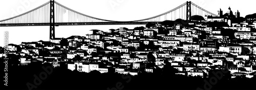 Lisbon city skyline silhouette with 25 de abril bridge over tagus river