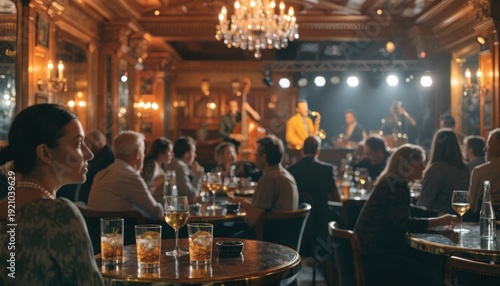 Elegant jazz club interior with live band and seated audience.