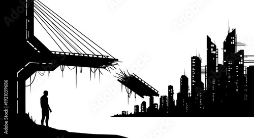 Man standing on broken bridge looking at ruined city