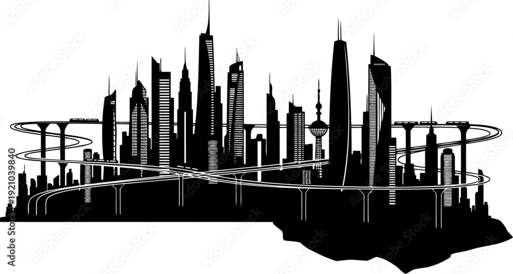 Obraz premium Modern futuristic city silhouette with looping highways