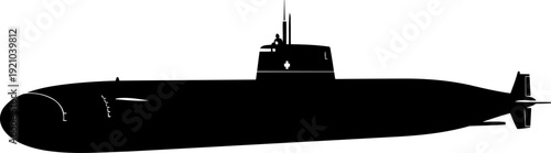 Military submarine vessel silhouette navigating underwater