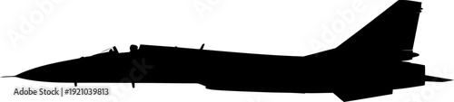 Military jet fighter silhouette flying in high speed profile view