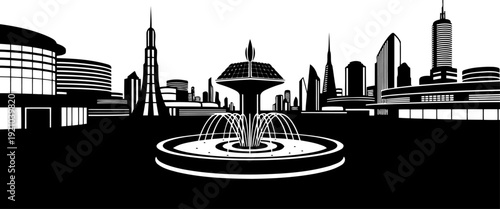 Modern city skyline silhouette featuring a large central fountain