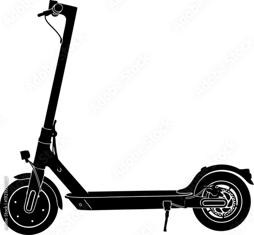 Modern electric kick scooter silhouette with kickstand and disk brake details