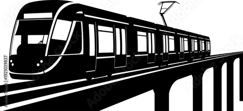 Modern light rail tram silhouette crossing a bridge structure
