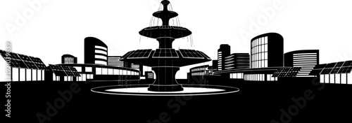 Modern city square with large fountain and solar panels silhouette