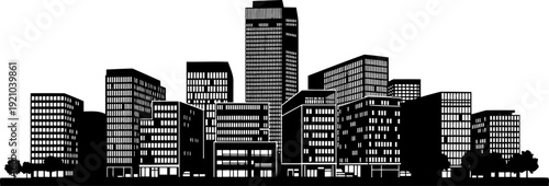 Modern metropolitan skyline silhouette with high-rise office buildings and trees