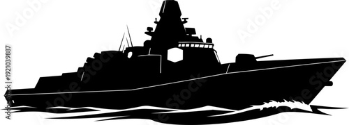 Modern naval warship silhouette cruising through waves