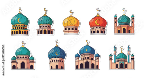 A collection of colorful cartoon mosque domes and Islamic architectural illustrations featuring crescent moon symbols on a white background.