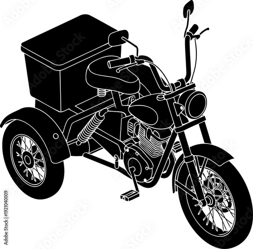 Motorized delivery tricycle silhouette with cargo storage box