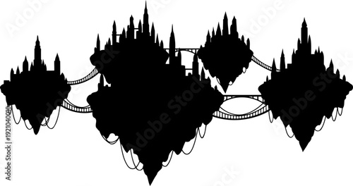 Multiple floating island cities silhouette connected by bridges