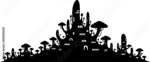 Mushroom city fantasy alien landscape silhouette