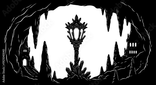 Mystical cavern silhouette with glowing lamp post and crystal formations