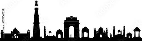 New delhi city skyline silhouette featuring the qutub minar and india gate