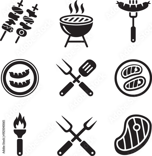 Bbq icons. Barbecue grill icon set with pork steak and chef, sausage fork and tomato sauce, vector illustration