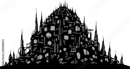 Organic-shaped futuristic city silhouette with intricate biological patterns