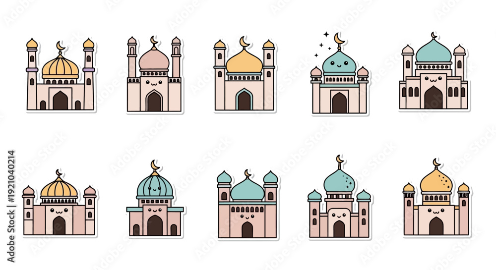 Fototapeta premium A collection of ten cute cartoon mosque illustrations with domes and minarets in pastel colors, depicting Islamic architecture.