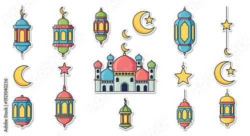 A collection of colorful cartoon-style mosque illustrations with domes and minarets, depicting various architectural designs for Islamic places of worship.