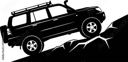 Rugged 4x4 off-road vehicle silhouette climbing a steep rocky incline
