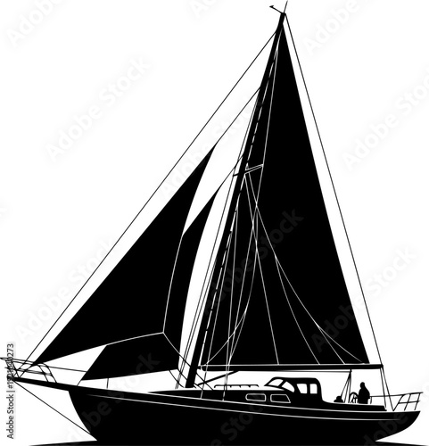 Sailing yacht silhouette with full sails on the ocean