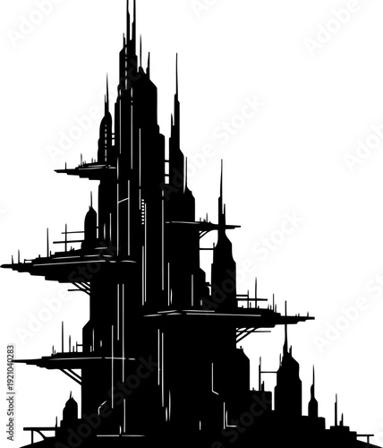 Science fiction skyscraper silhouette rising with multiple observation platforms