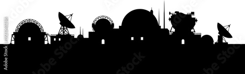 Scientific observatory and satellite dish array skyline silhouette