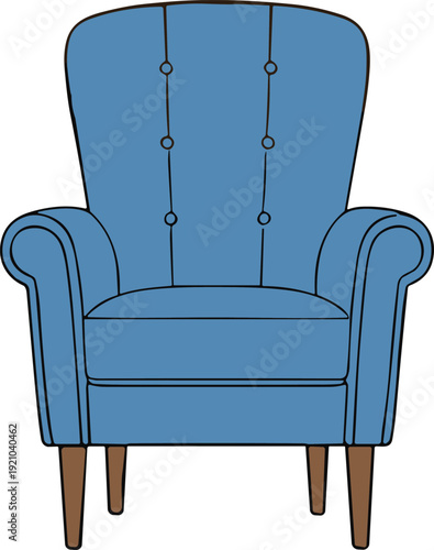 Classic blue armchair with buttoned backrest, upholstered lounge chair design, wooden legs, interior furniture decor, cad drawing flat vector illustration