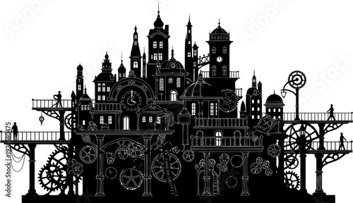 Steampunk clockwork city silhouette with gears and towers