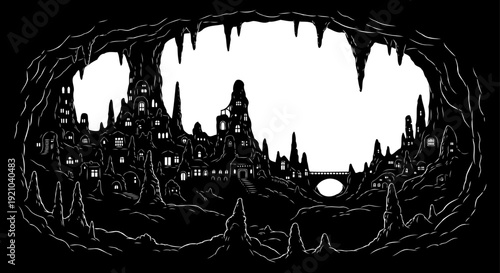 Subterranean cave city silhouette with fantasy dwellings and stalactites