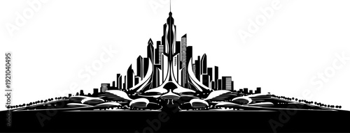 Symmetrical futuristic metropolis silhouette with advanced sci-fi architecture
