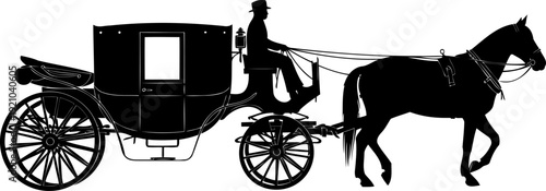Traditional horse drawn carriage silhouette with driver and coach