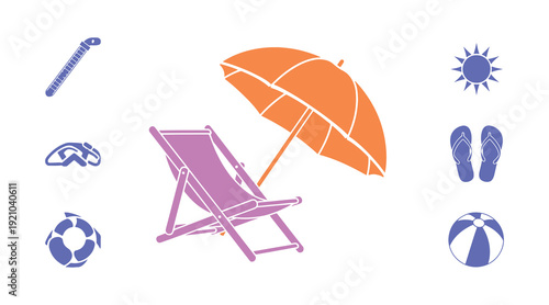 Set of icons depicting beach chairs. Vector representation of a deckchair with an umbrella sign and symbol.