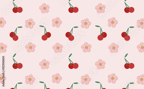 Cute vector seamless pattern with red cherry and pink flower. Sweet fruit and blossom design for fabric, textile, wallpaper, background, or childish product.