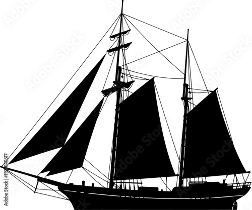 Traditional three masted sailing ship silhouette on the ocean