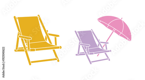 Illustration of a beach chair icon set. Vector symbol and sign of a deckchair with an umbrella.

