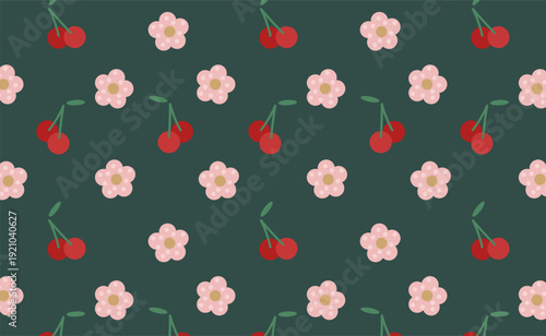 Cute vector seamless pattern with red cherry and pink flower. Sweet fruit and blossom design for fabric, textile, wallpaper, background, or childish product.