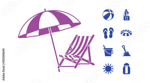 Illustration of a beach chair icon set. A deckchair accompanied by an umbrella sign and symbol vector.