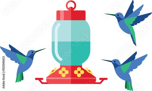 Colorful hummingbird feeder with flying birds, vibrant nectar container, garden wildlife scene, nature photography, tropical birds in motion, outdoor attraction