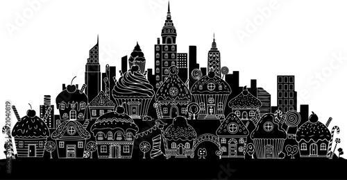 Whimsical cupcake city skyline silhouette with candy themed buildings