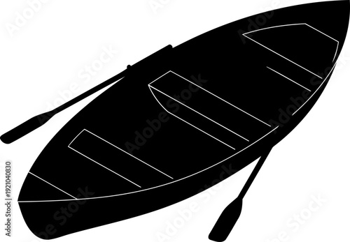 Wooden rowboat with oars silhouette top down view