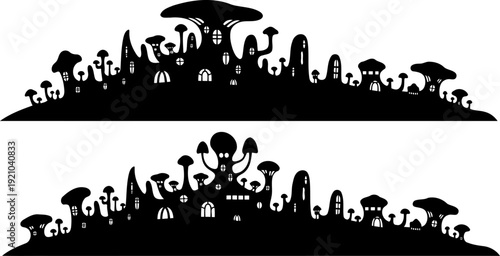 Whimsical mushroom village silhouette with tiny houses and organic shapes