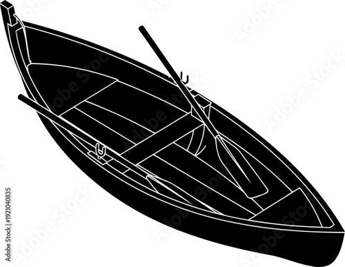 Wooden rowboat with oars in perspective view