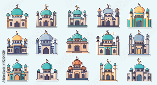 Collection of stylized cartoon mosques with domes and minarets in various colors and designs.