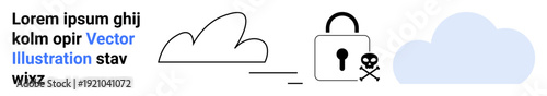 Data protection, cybersecurity risks, online privacy, cloud storage safety, encryption, hacking prevention. Cloud shapes and a lock with a skull threats. Cybersecurity and data protection concept