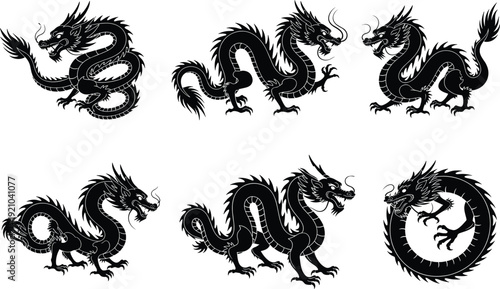 Set of Chinese Dragon Silhouette Illustrations, Traditional Asian Mythological Creatures in Black Outlines, Oriental Zodiac Symbols for Tattoo and Design
