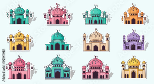 A grid of colorful cartoon mosque stickers with domes and minarets in various pastel shades, perfect for Islamic holiday designs and decorations.