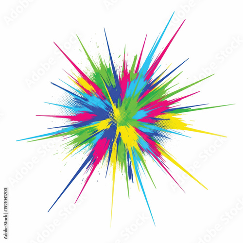 Vibrant multicolor paint splash with radial bursts and starburst pattern.
